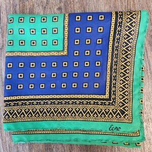 Echo Vintage Silk Square Scarf Blue Green and Gold geometric pattern